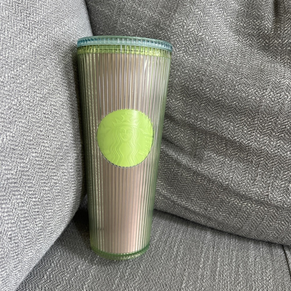 Starbucks 2025 Neon Transparent Lime Teal Pleated Striped Venti Tumbler 24oz